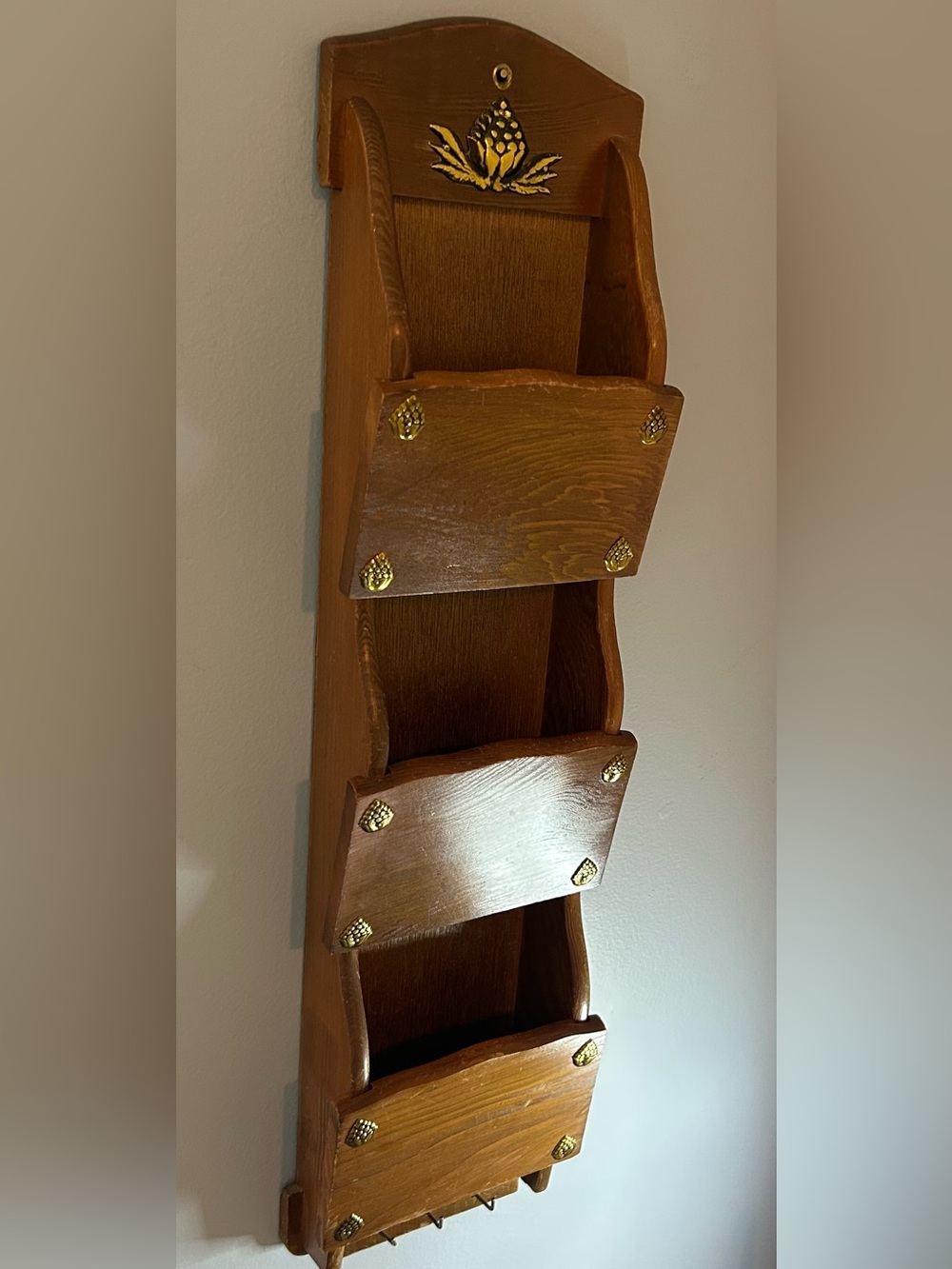 Vintage Wood Wall Mail Organizer with Key Hooks Rustic Country Decor